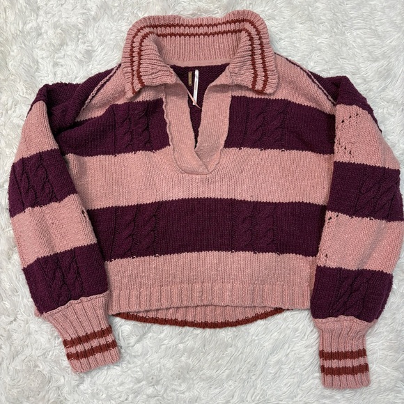 Free People Pembrook Striped Cable-Knit Moody Pink Oversized V-neck Sweater - Picture 3 of 5